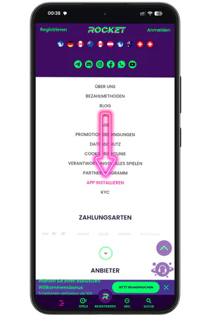 Rocket Casino App-Schaltfläche am Seitenende auf Android